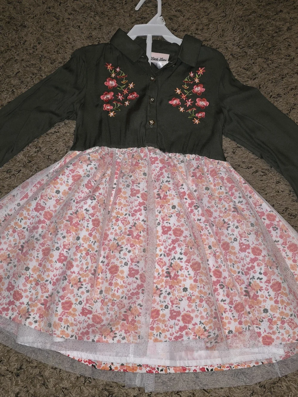 Olive Green & Pink Floral Girls' Dress with Embroidered Bodice